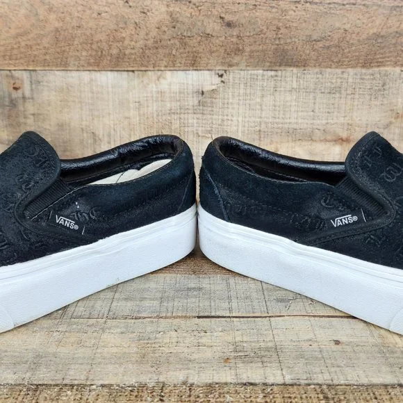 Vans Slip On Platform‎ Women Sz 6 Suede Embossed Letters Casual Classic Black - Picture 4 of 10